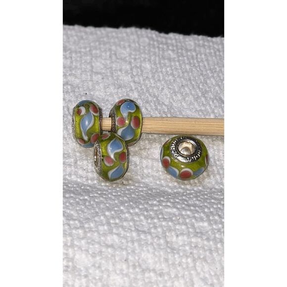 NEW SET OF 4 PANDORA MURANO BEADS - TRANSLUCENT GREEN W/PINK/BLUE/WHITE DECOR - - Picture 1 of 2